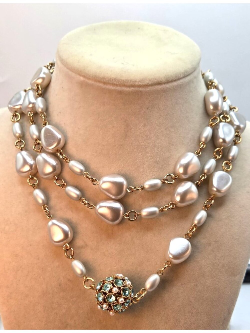 Gold-Tone Faux Pearl & Blue Rhinestone Necklace